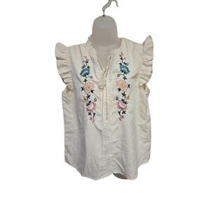 Sleeveless Top Floral Embroidered Ruffle Trim Boho‎ Blouse Cream Size L